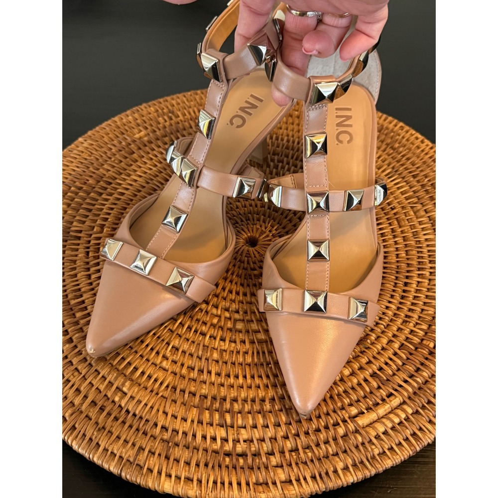 INC International Concepts Nude Studded Kitten Heels Pointed Toe Strappy Pumps